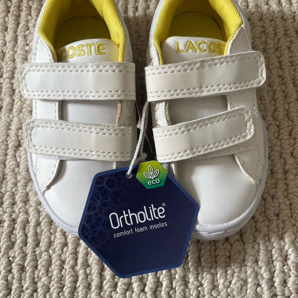 Lacoste Kids (baby) White Sneakers with Yellow Accents - Ortholite / Velcro - Picture 4 of 4